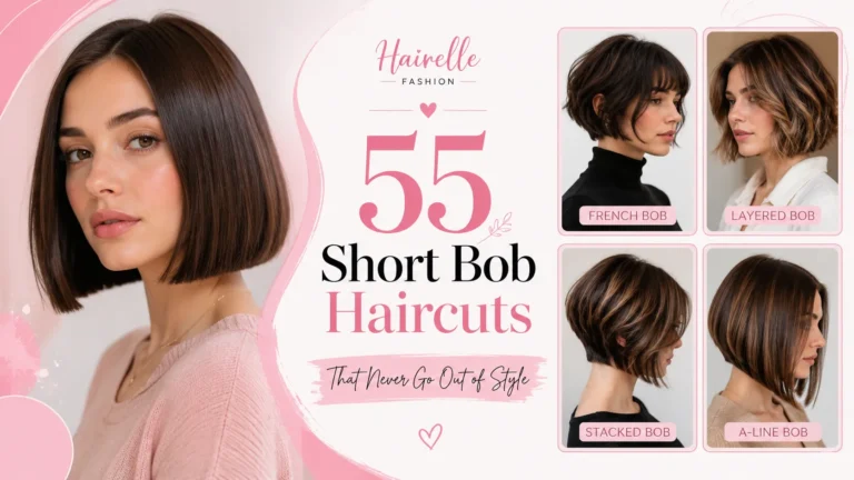 55 short bob haircuts for women featuring blunt bob, French bob, layered bob, stacked bob, and A-line bob hairstyles.