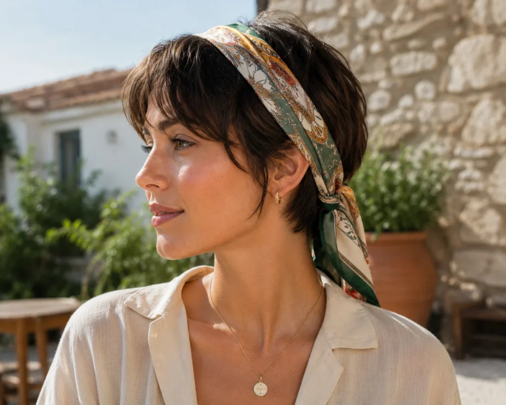 17 Cool Short Haircuts for Women That Are Heatwave Approved This Summer 18 Short haircut styled with a silk scarf to keep hair off the face in summer heat