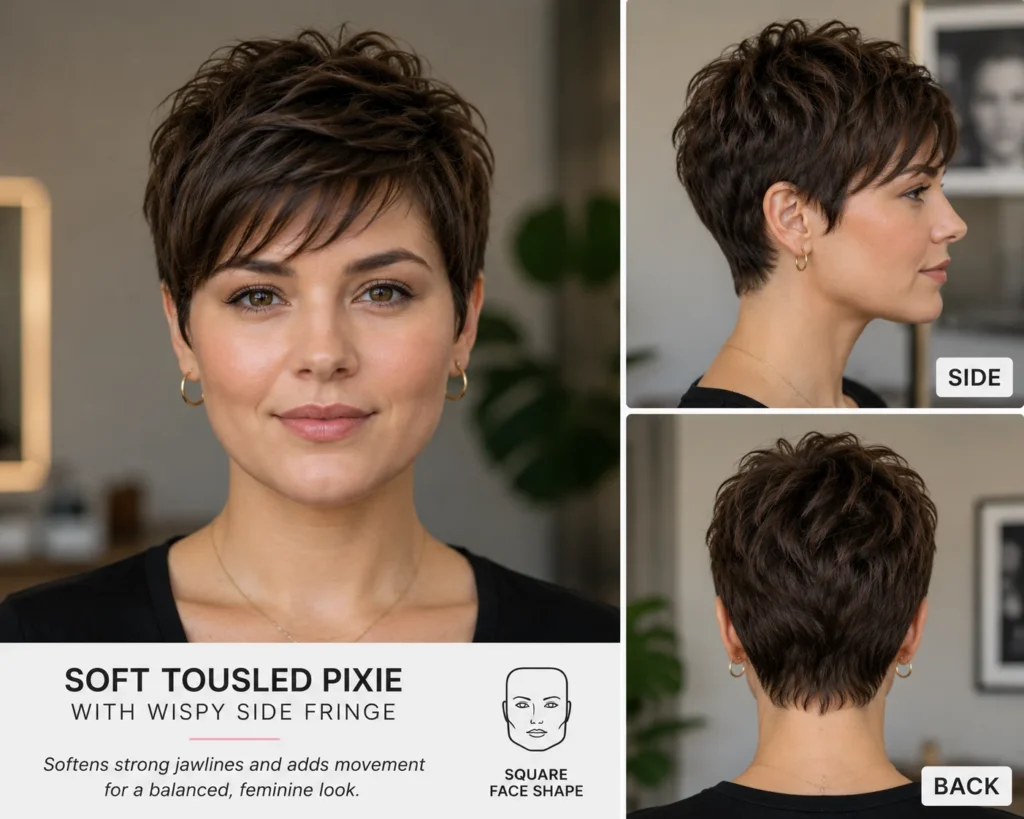 25 Flattering Pixie Cuts for Every Face Shape (2026) 5 Square-faced model with a soft tousled pixie and wispy side fringe