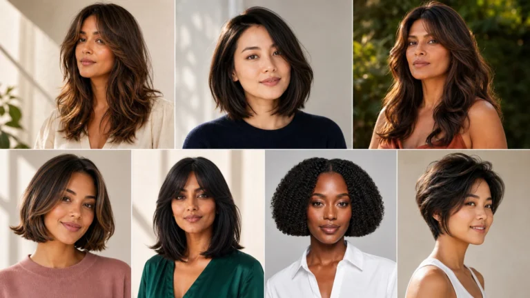 Collage of women with different face shapes and flattering haircuts