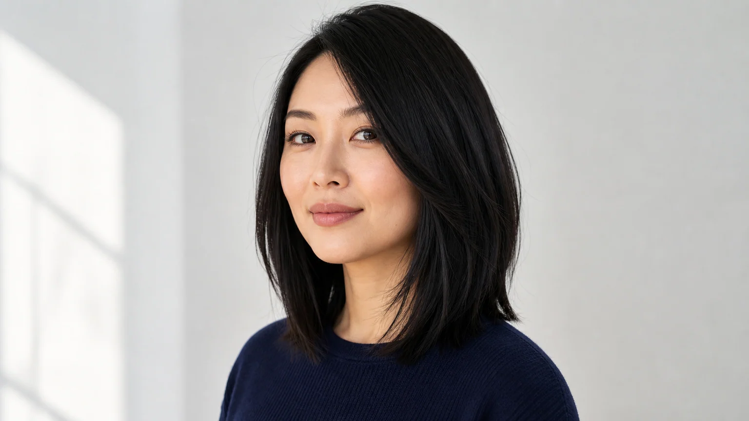 Woman with round face shape wearing a long side-parted lob with face-framing layers