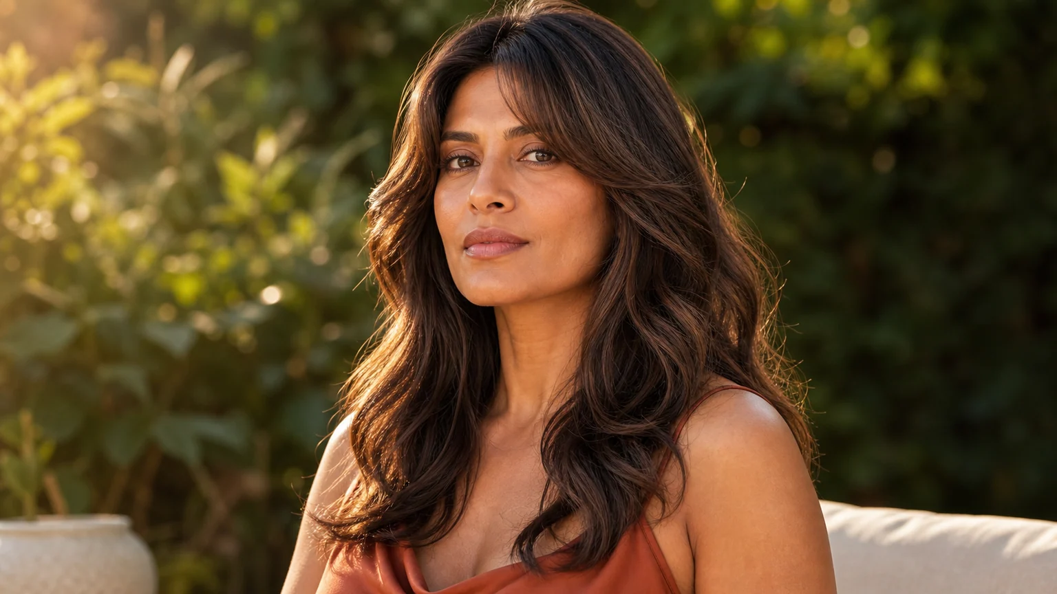 Woman with square face shape wearing long soft waves and curtain bangs