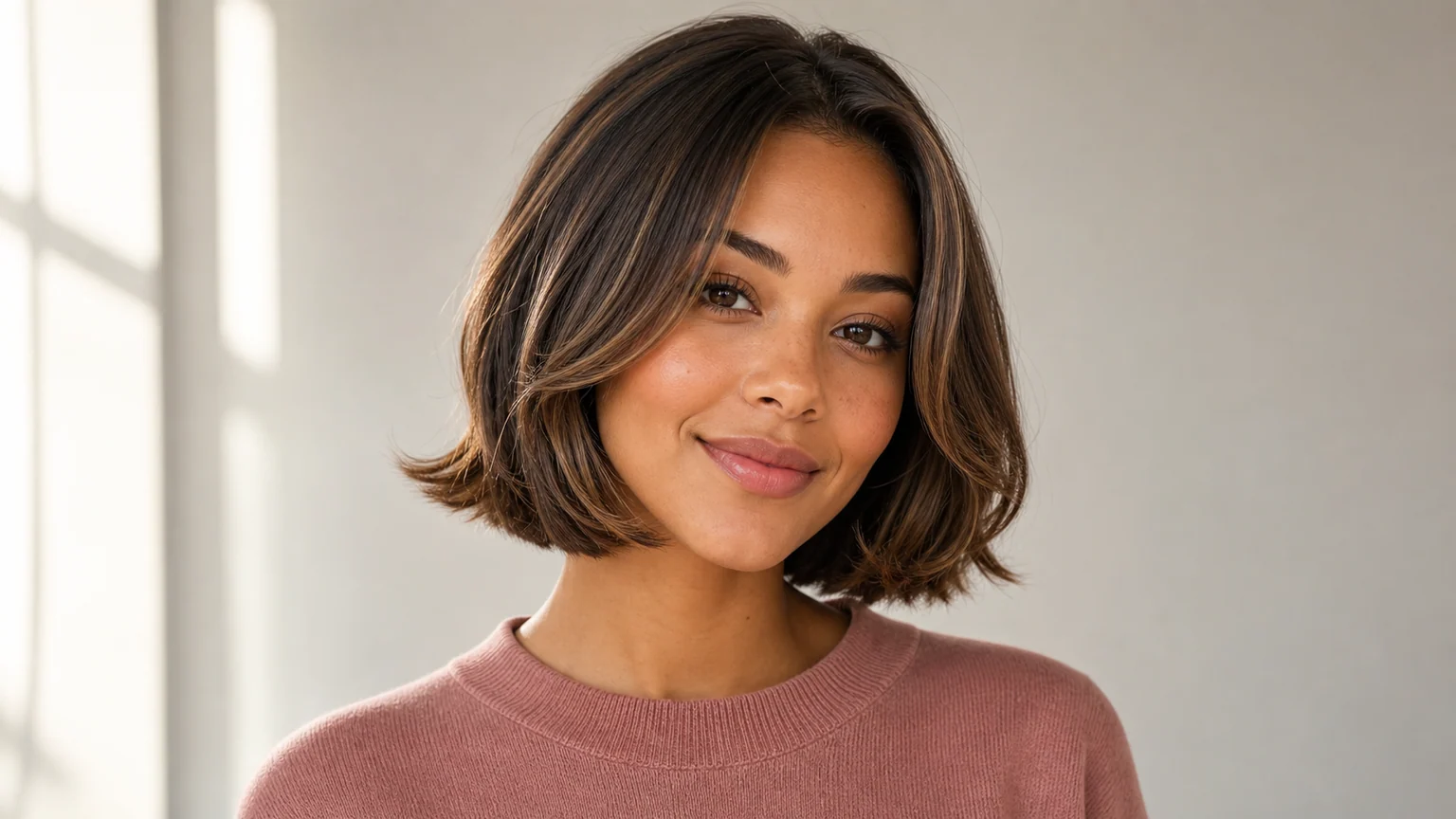 Woman with heart-shaped face wearing a chin-length bob with curved ends
