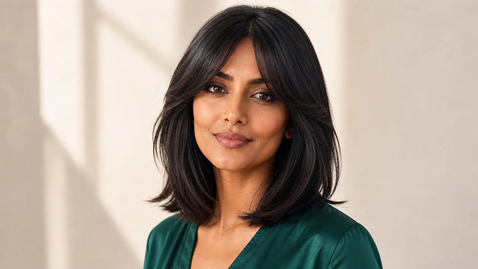 Woman with diamond face shape wearing a lob with curtain bangs