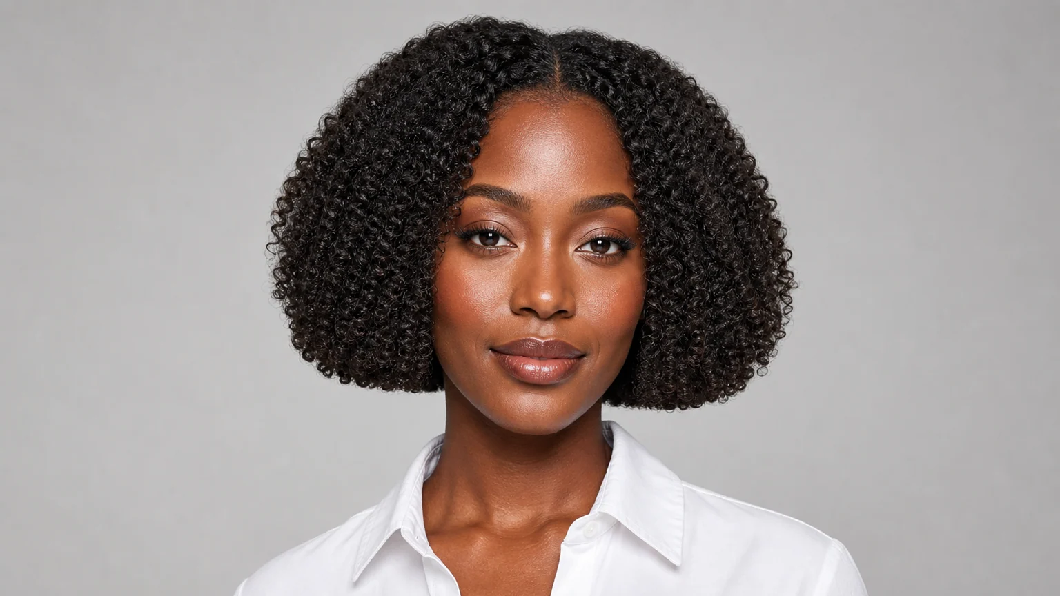 Woman with oblong face shape wearing a blunt chin-length bob