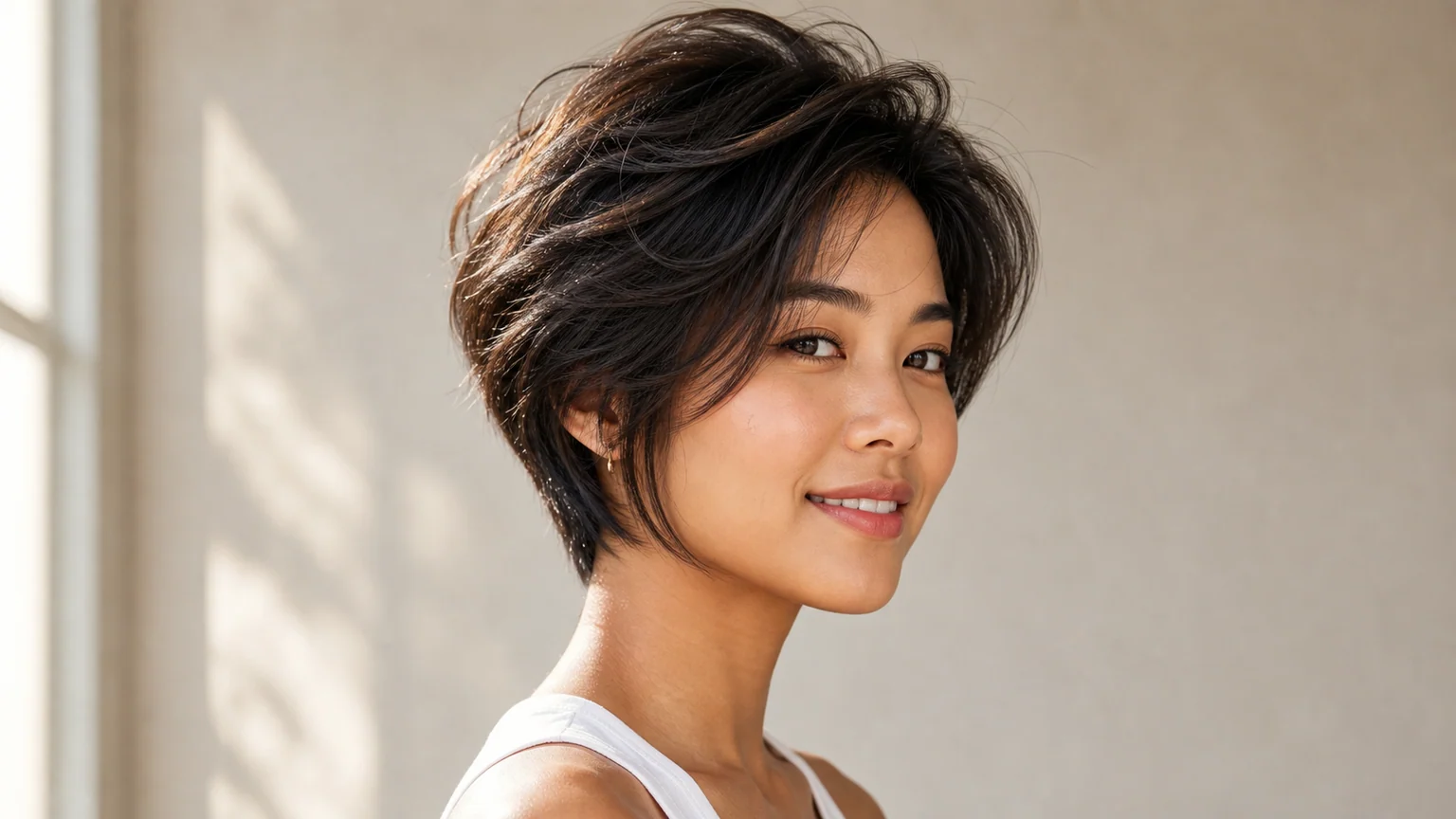 Woman with triangle face shape wearing a short layered pixie with volume at the crown