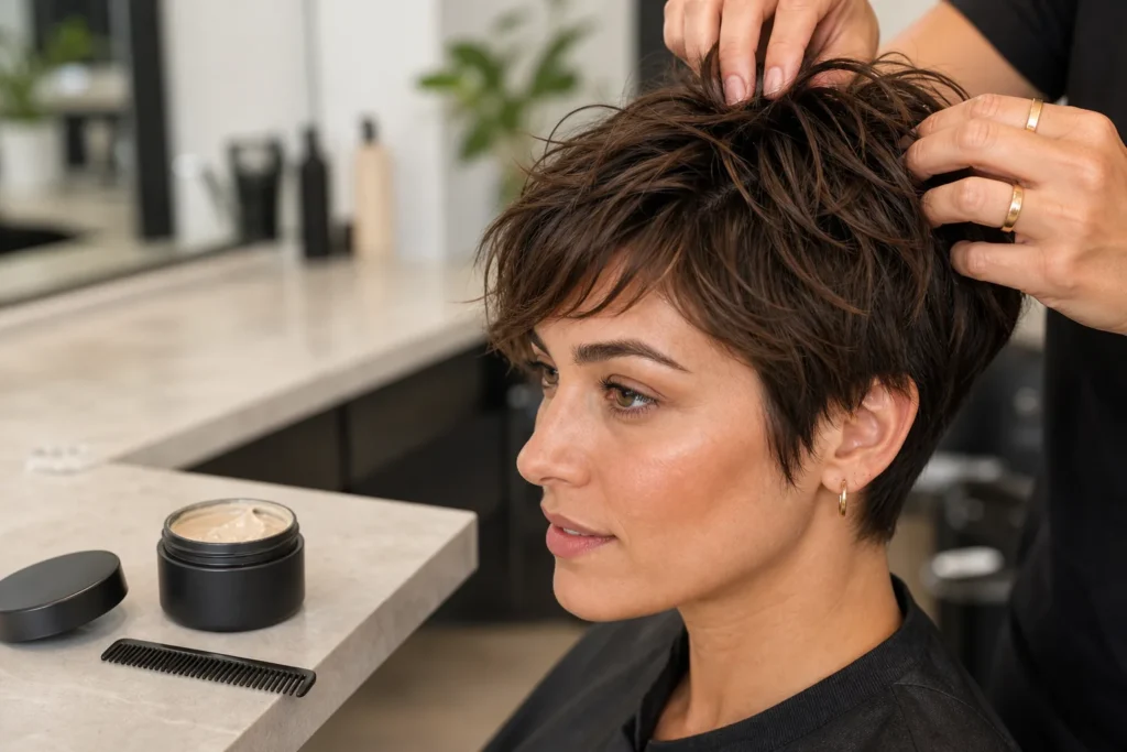 25 Flattering Pixie Cuts for Every Face Shape (2026) 16 textured pixie haircut being shaped with matte styling clay