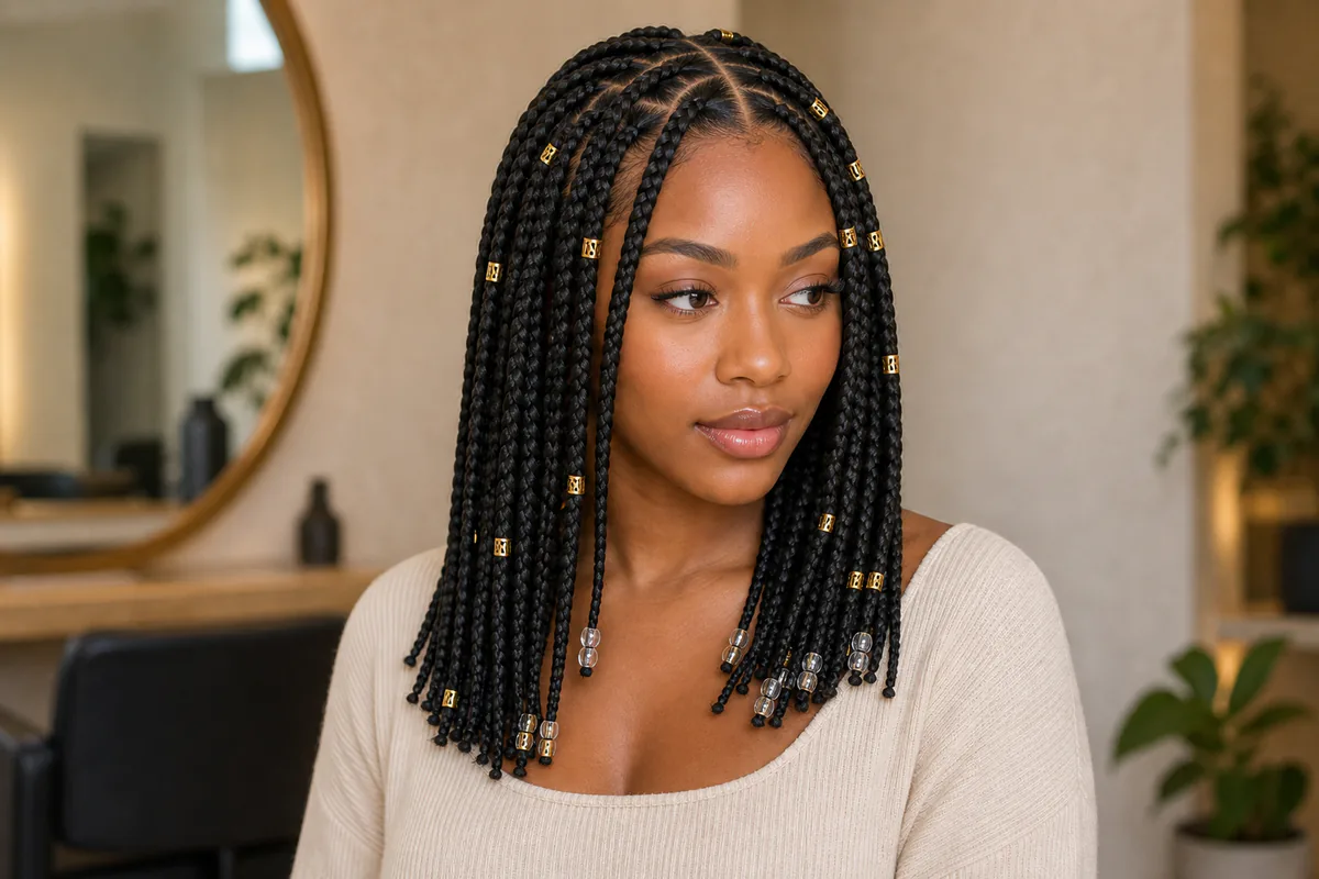 box braids with beads and gold cuffs