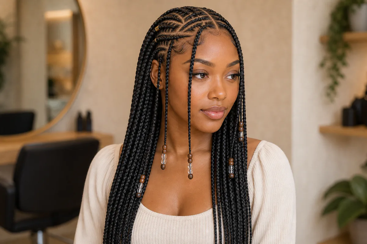 Fulani box braids with beads and patterned parts