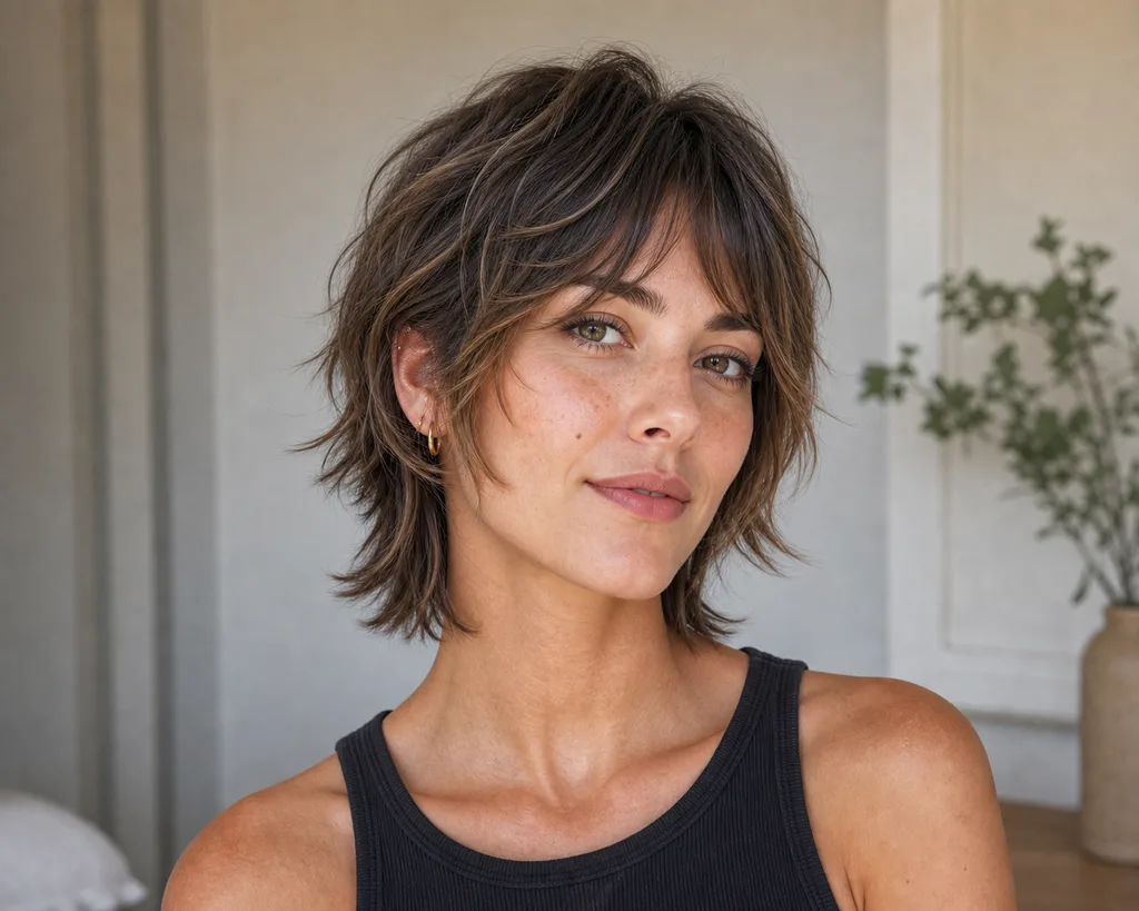 17 Cool Short Haircuts for Women That Are Heatwave Approved This Summer 14 Short shag haircut with choppy layers and curtain fringe, a cool summer haircut for women