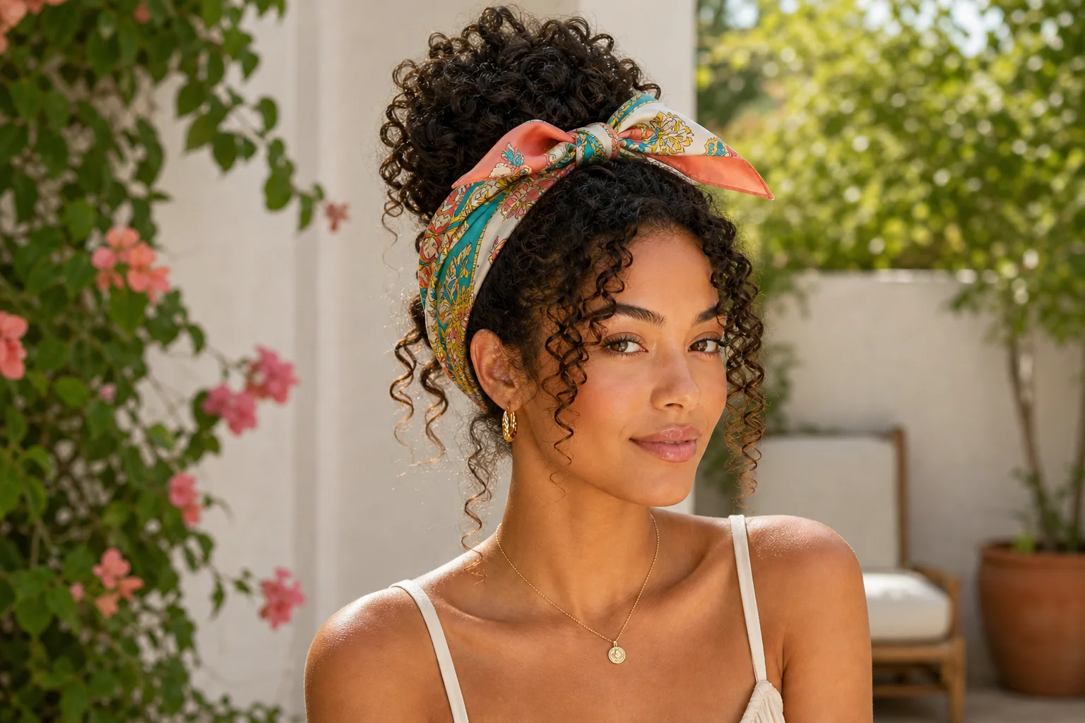 Easy Summer Hairstyles for Naturally Curly Hair 10 scarf wrapped curly bun summer hairstyle