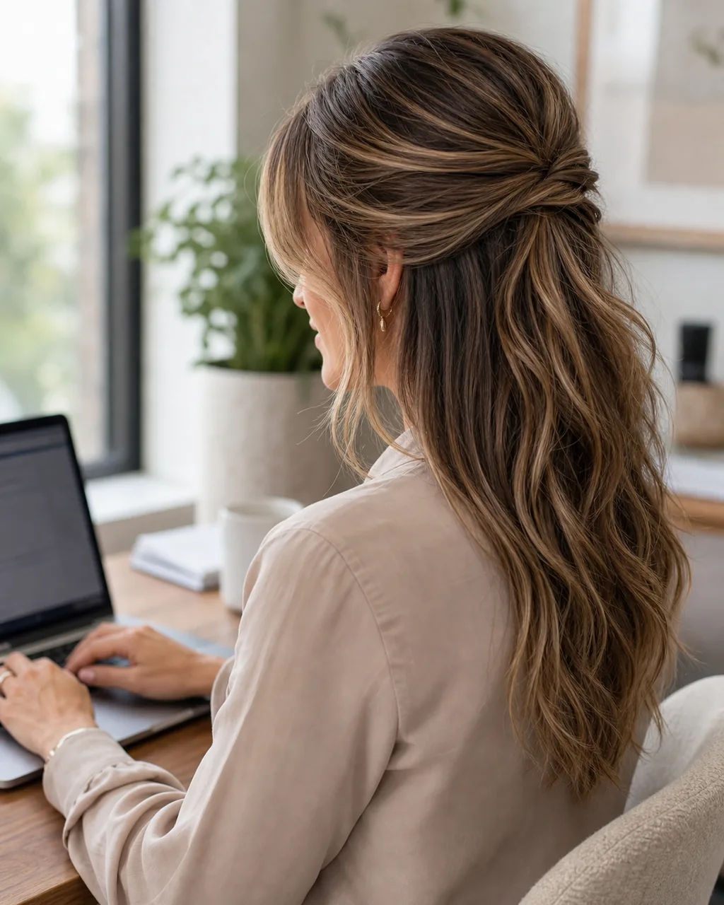 Easy Work Hairstyles for Long Hair That Look Polished 6 half-up hairstyle for long hair at work