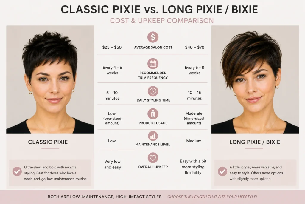 25 Flattering Pixie Cuts for Every Face Shape (2026) 14 pixie cut cost and maintenance comparison classic pixie vs bixie