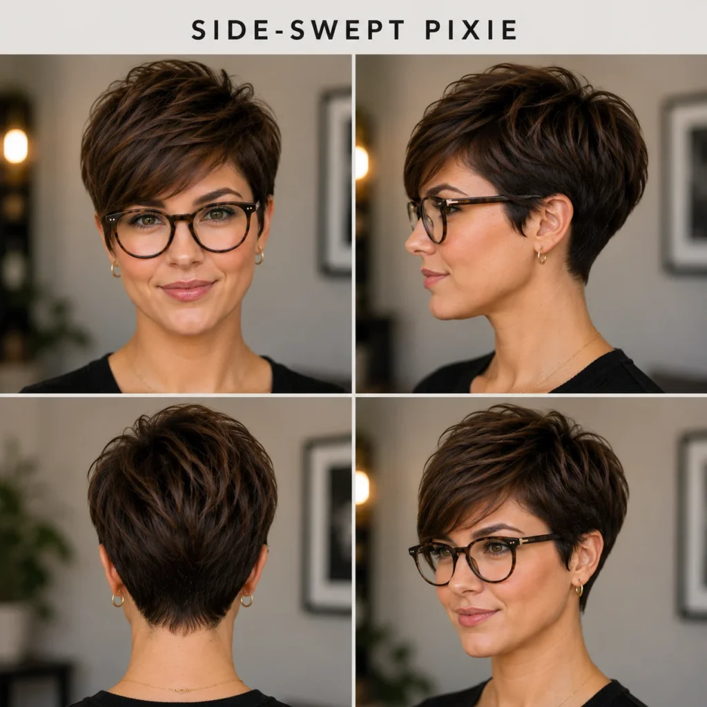 25 Flattering Pixie Cuts for Every Face Shape (2026) 11 pixie cut for women with glasses side-swept style