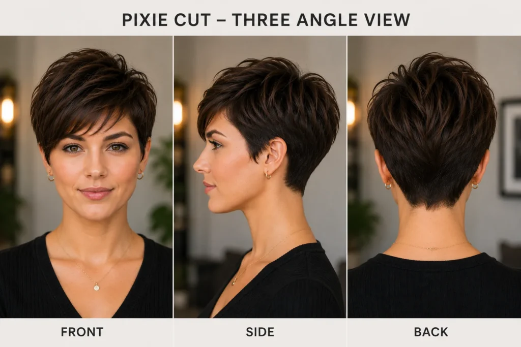 25 Flattering Pixie Cuts for Every Face Shape (2026) 13 pixie cut front side and back view showing the nape