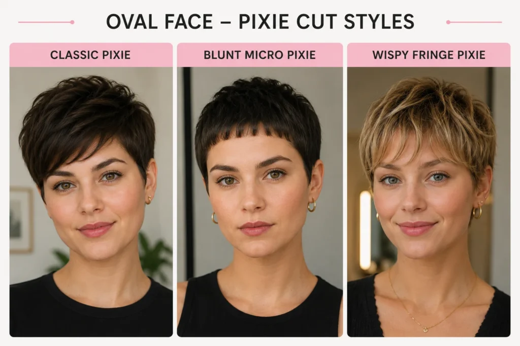 25 Flattering Pixie Cuts for Every Face Shape (2026) 4 pixie cuts for oval faces classic pixie and wispy fringe pixie