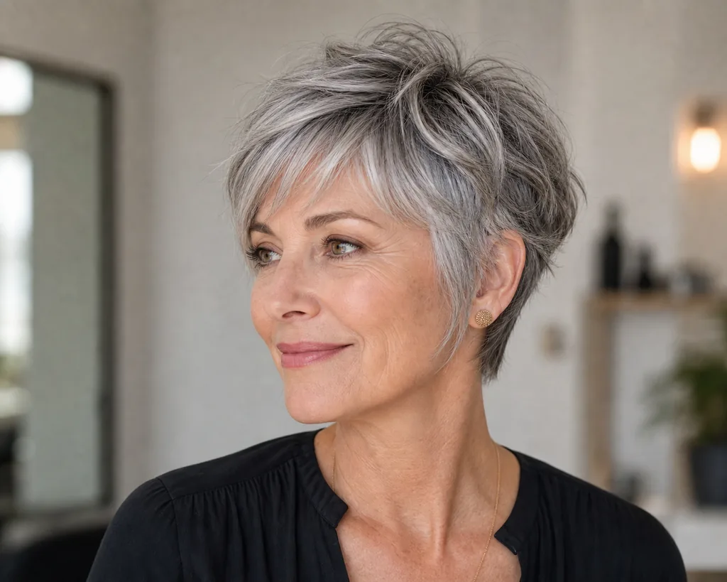 25 Flattering Pixie Cuts for Every Face Shape (2026) 12 soft modern pixie cut for women over 50 with silver textured layers