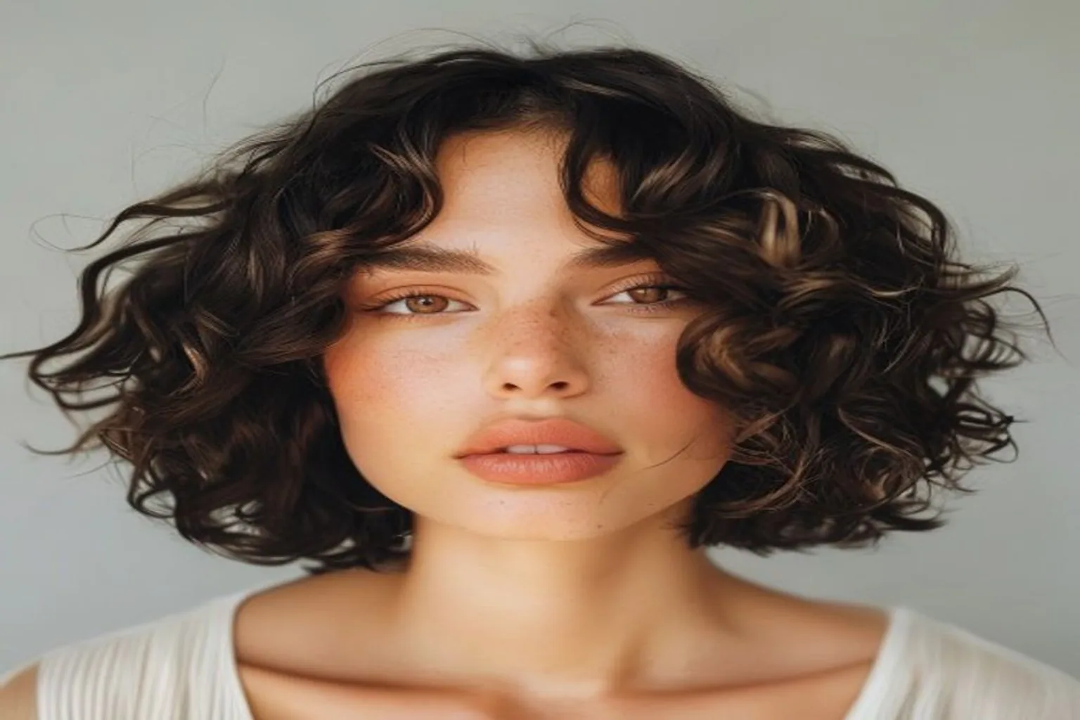 layered curly bob haircut at chin length