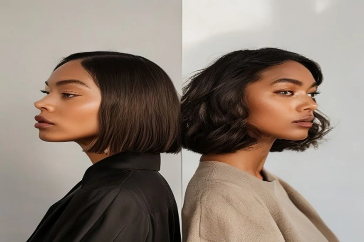 fine straight blunt bob and thick wavy layered bob comparison