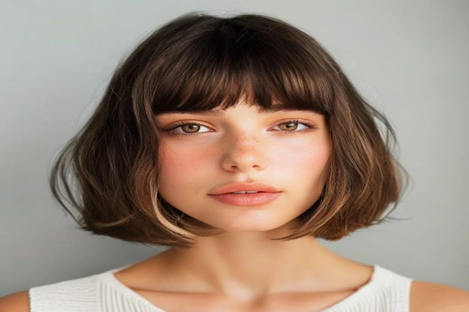 chin length bob with side swept bangs for heart shaped face
