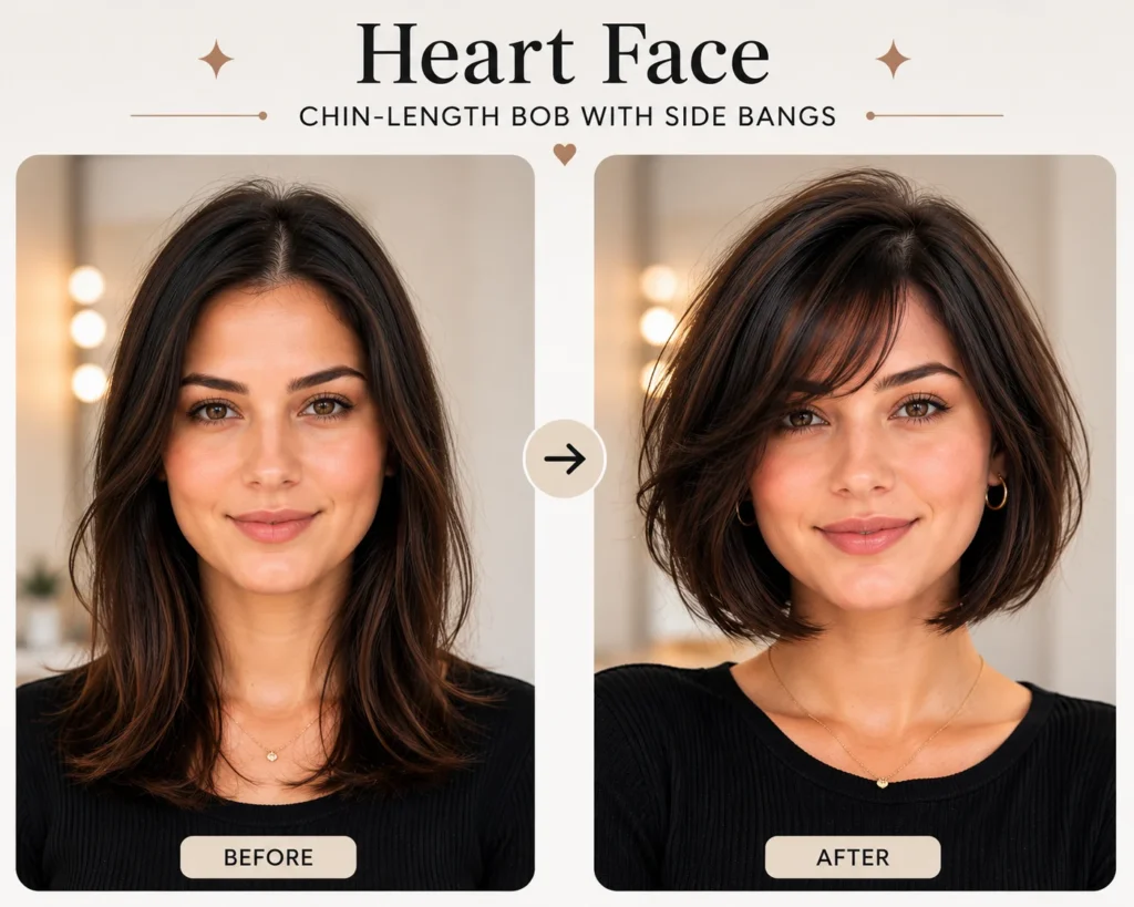 30 Short Haircuts for Women That Are Effortlessly Chic for Every Face Shape 5 short haircuts for heart-shaped faces chin-length bob with side bangs
