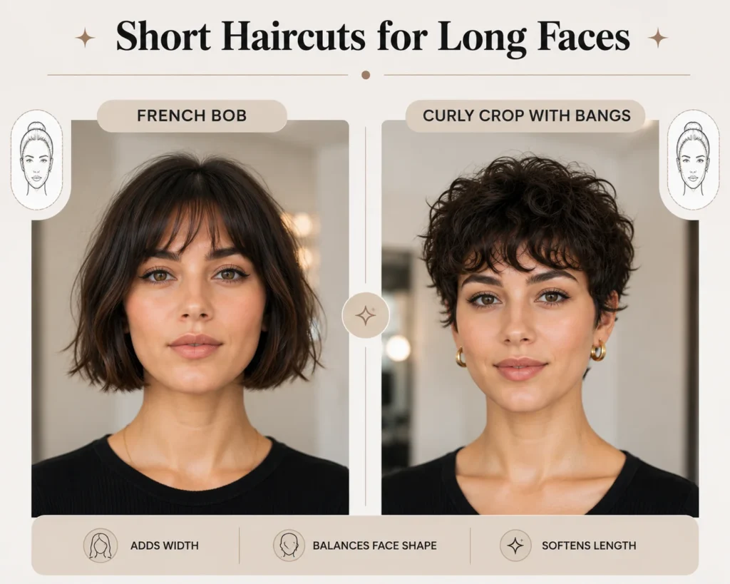 30 Short Haircuts for Women That Are Effortlessly Chic for Every Face Shape 6 short haircuts for long faces French bob and curly crop with bangs