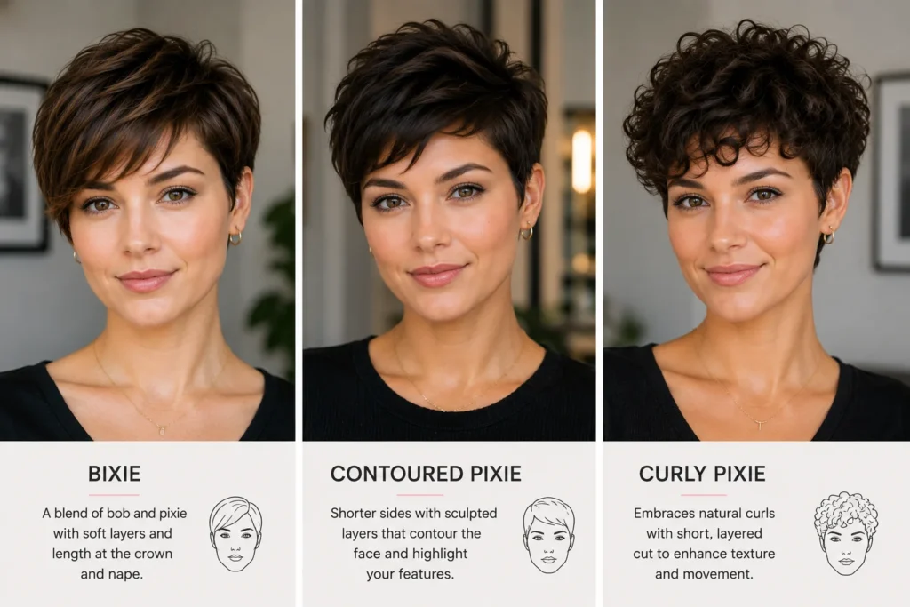 25 Flattering Pixie Cuts for Every Face Shape (2026) 9 trending pixie cuts 2026 bixie contoured pixie and curly pixie