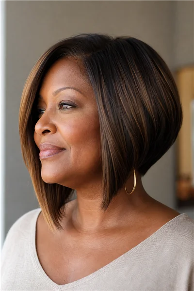 25 Flattering Short Haircuts for Women Over 50 Round Faces 4 Angled bob with long front layers on woman over 50 — flattering jaw-softening cut