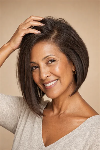 angled bob with volumizing root perm for very fine flat hair — root-only perm creates lasting lift