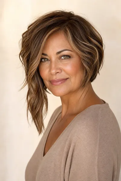 17 Short Haircuts for Women Over 50 With Wavy Hair That Look Effortless 15 angled wavy bob longer in front for round face, mature women