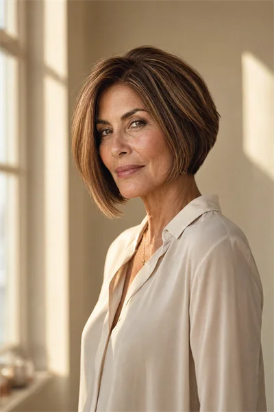 25 Flattering Short Layered Haircuts for Women Over 50 11 angled layered bob for square face on mature woman over 50
