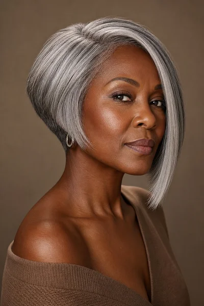 angled gray bob haircut for square faces — shorter in back with diagonal line that elongates the face