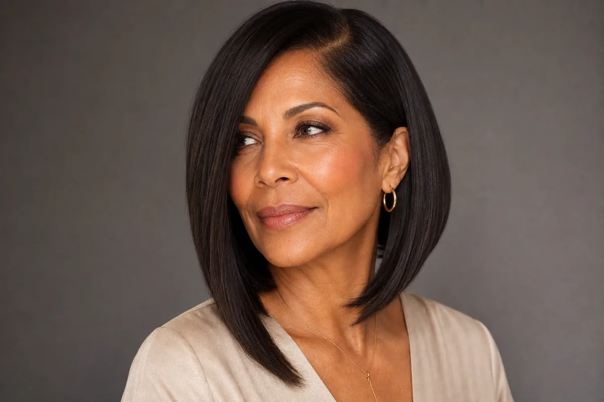 Angled lob with deep side part medium-length haircut for women over 40