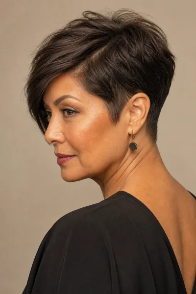 Angled pixie haircut with deep side part — sculptural diagonal cutting line