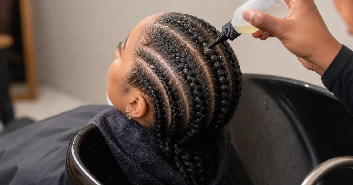 Woman gently applying diluted clarifying rinse to scalp between cornrow parts for buildup removal