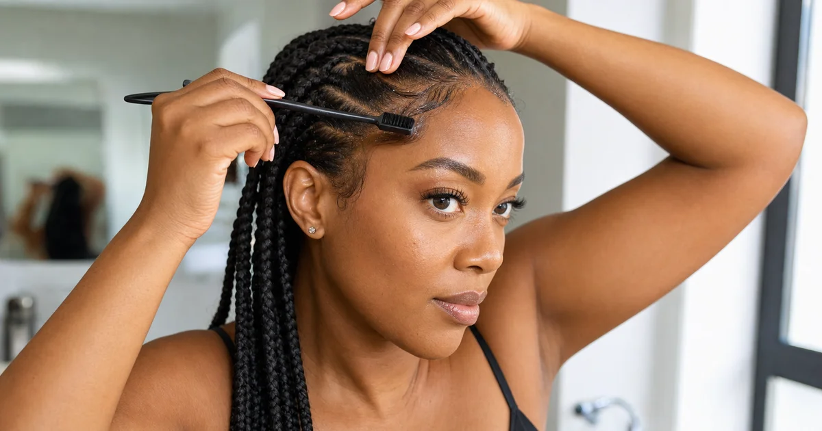 Woman applying lightweight edge control to knotless braids with soft brush for smooth edges