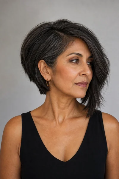 Asymmetrical bob with uneven lengths on thick hair — modern short haircut for mature women
