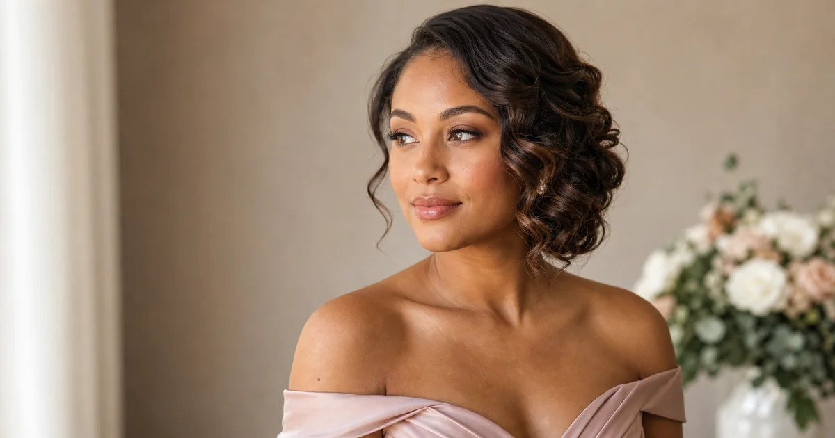 Asymmetrical pinned waves bridesmaid hairstyle for an off-shoulder dress.