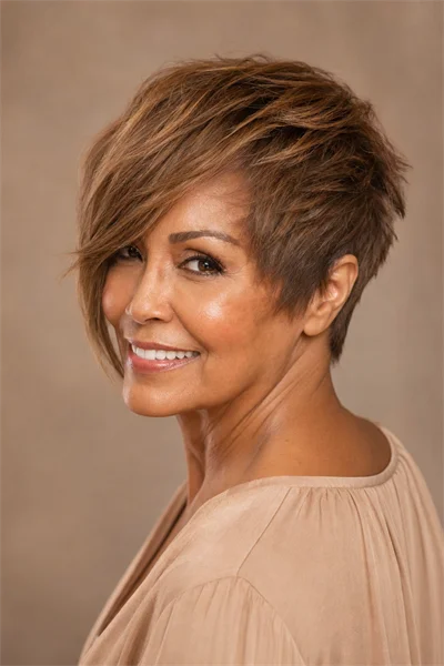 asymmetrical pixie bob for fine hair over 50 — diagonal fringe and graduated back create height