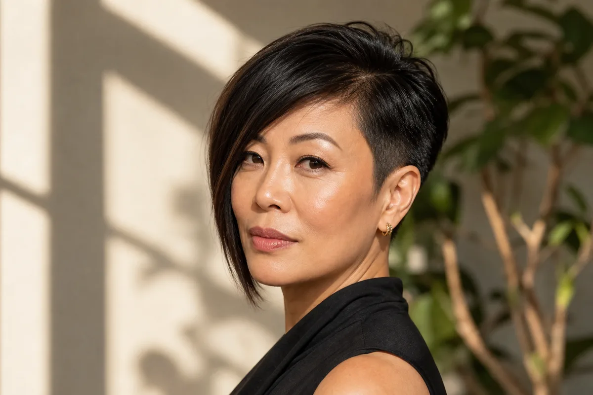 35 Edgy Short Haircuts for Women Ready for a Bold Change 4 Asymmetrical pixie cut with diagonal line — short hairstyle for round face shapes