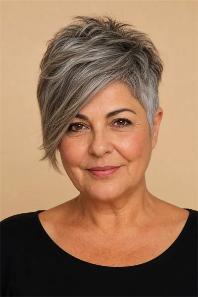 25 Flattering Short Haircuts for Women Over 50 Round Faces 5 Asymmetrical pixie with diagonal fringe — mature women's short haircut for round faces