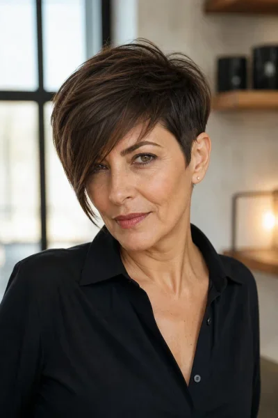 Asymmetrical pixie haircut with longer fringe — modern styling with visual movement