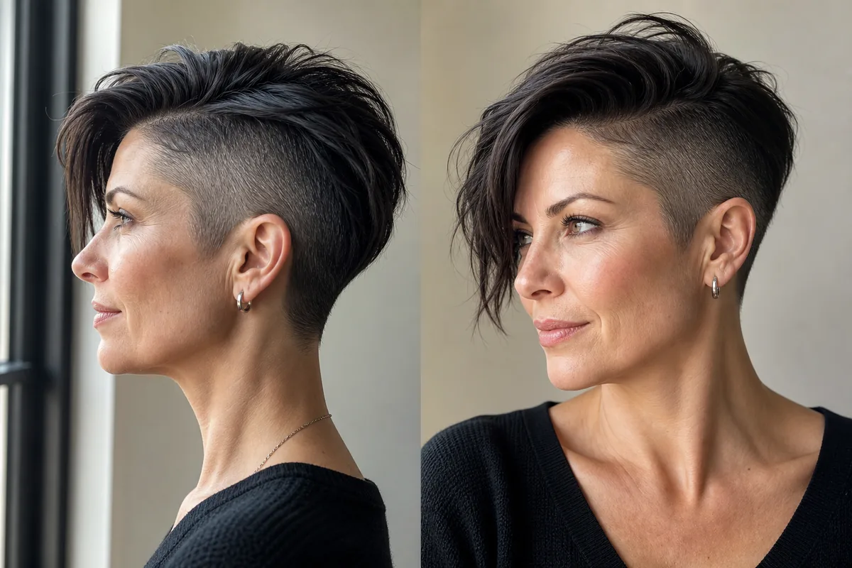 Asymmetrical pixie with undercut bold short haircut for women over 40