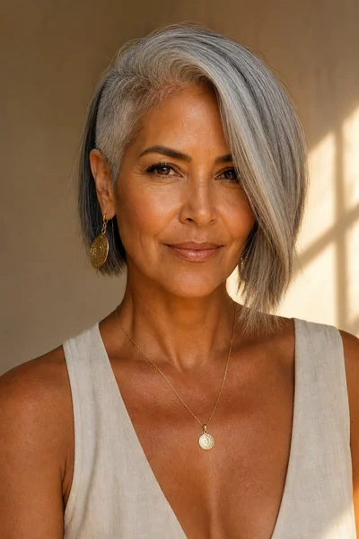 asymmetrical silver bob haircut for women over 50 — modern uneven cut with one side longer than the other
