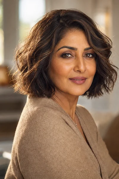 Beach-wave textured bob for fine hair over 50 — loose waves add volume and visual texture