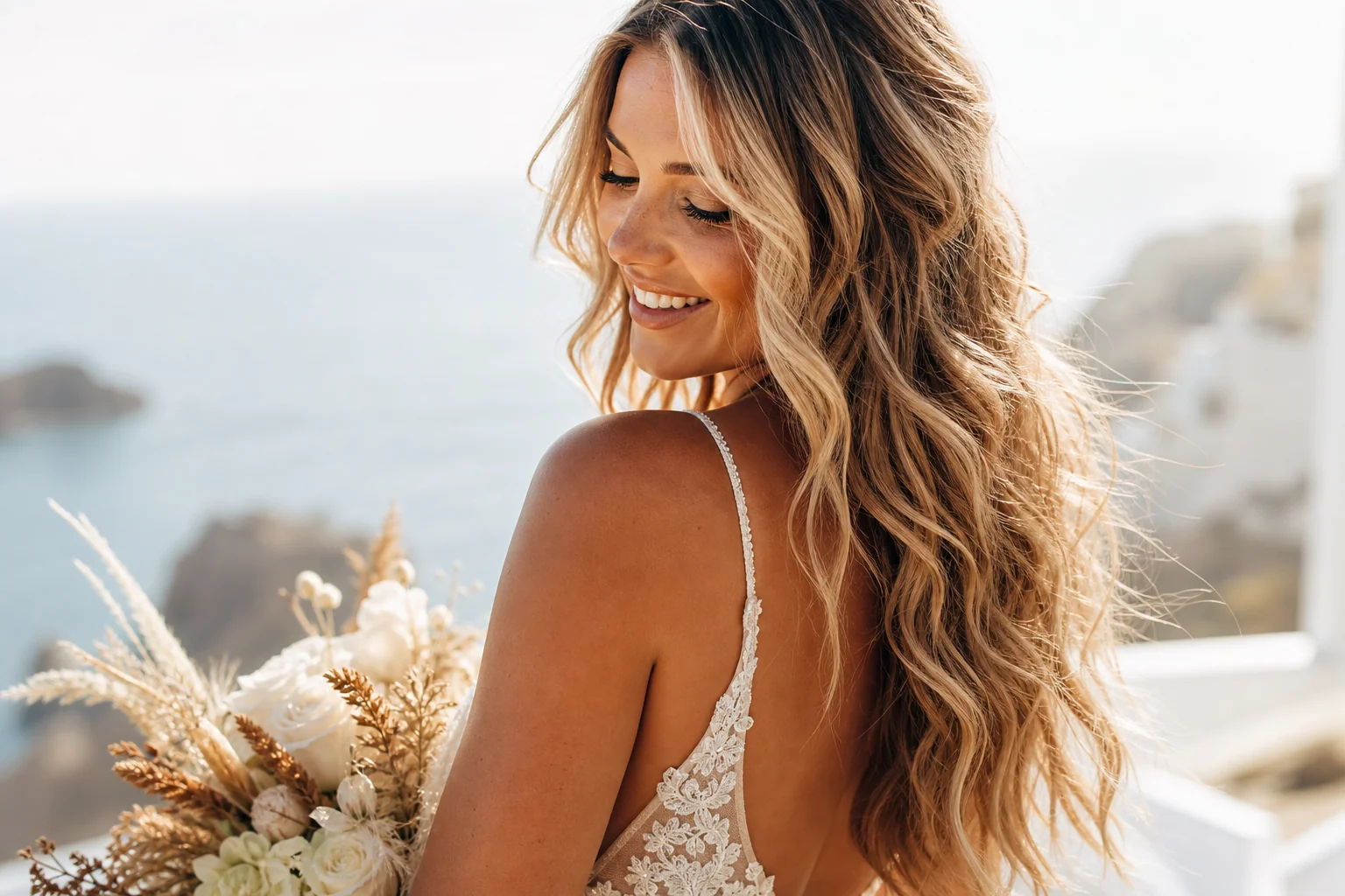 Effortless beach waves bridal hairstyle for destination weddings