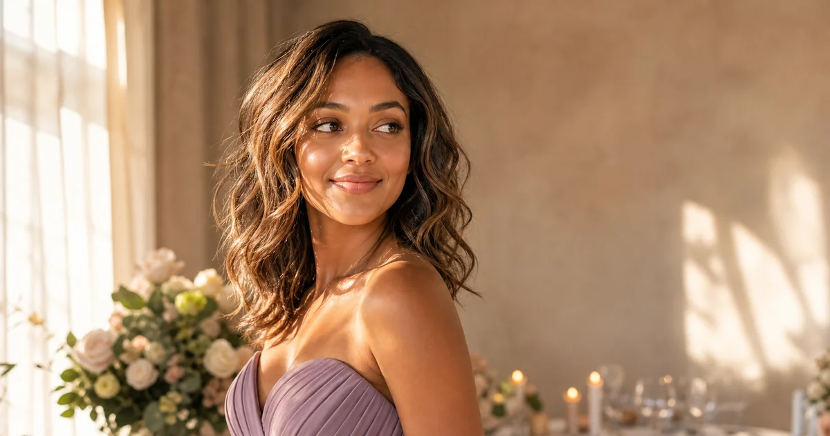 5 Bridesmaid Hairstyles for Strapless and Sweetheart Dresses 4 Loose beachy waves bridesmaid hairstyle with texture and movement for strapless dress