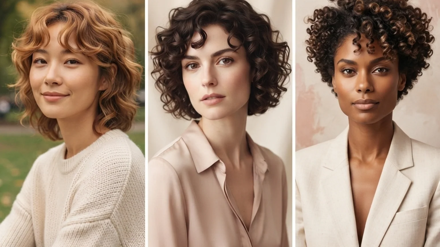 50 Best Short Curly Haircuts for Natural Curls in 2026 6 Three women with different curl types wearing curly wolf cut, bixie, and short curly bob styles