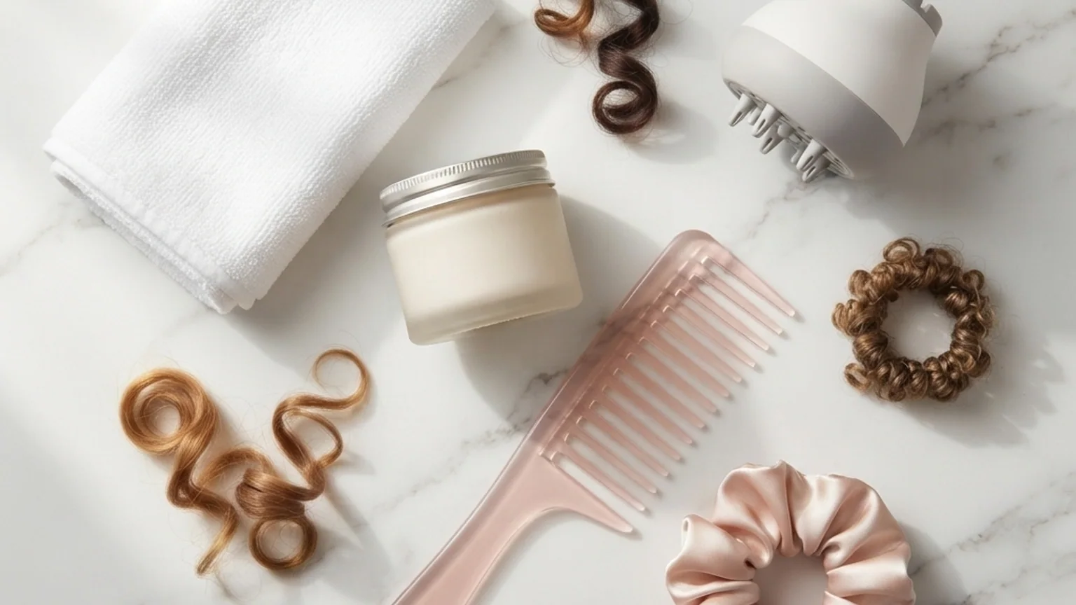 50 Best Short Curly Haircuts for Natural Curls in 2026 7 Flat lay of no-heat styling essentials for short curly hair including curl cream and microfiber towel