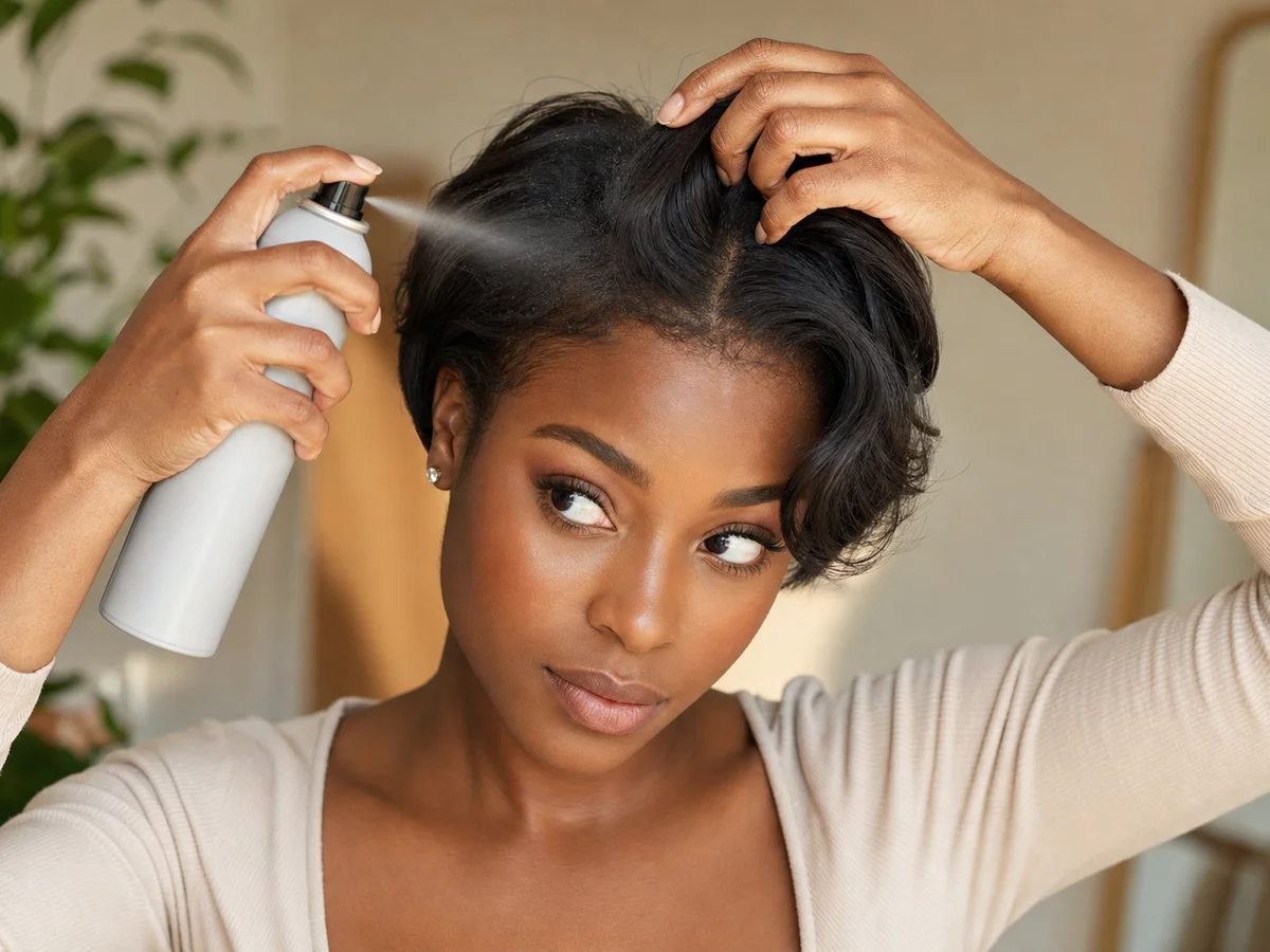 best styling products for short hair — volumizing dry shampoo sprayed at short-hair roots